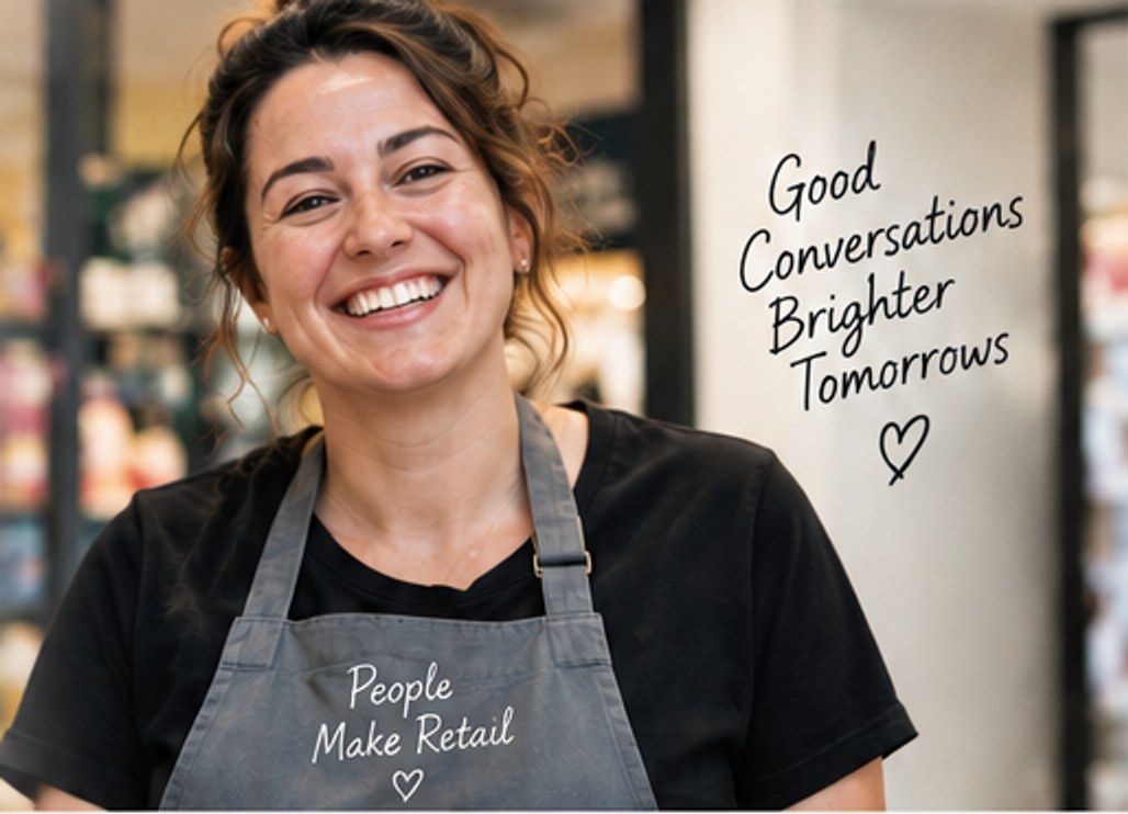 Temporary mock-up image: a smiling retail worker in an apron in a shop.